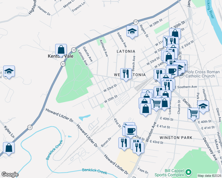 map of restaurants, bars, coffee shops, grocery stores, and more near 611 West 33rd Street in Covington