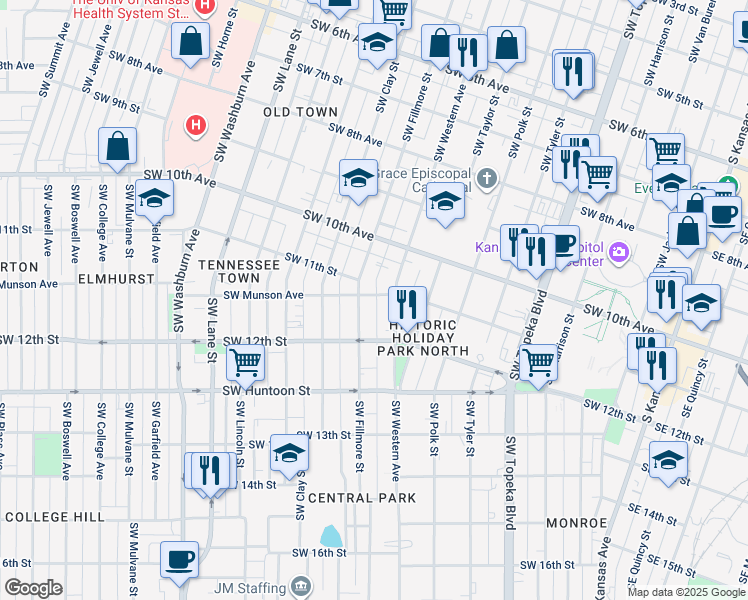 map of restaurants, bars, coffee shops, grocery stores, and more near 915 Southwest Munson Avenue in Topeka