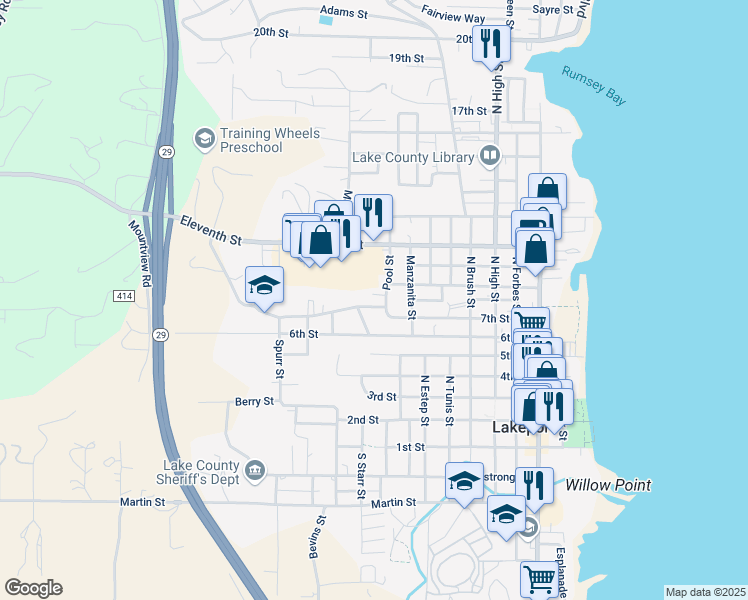map of restaurants, bars, coffee shops, grocery stores, and more near 791 7th Street in Lakeport