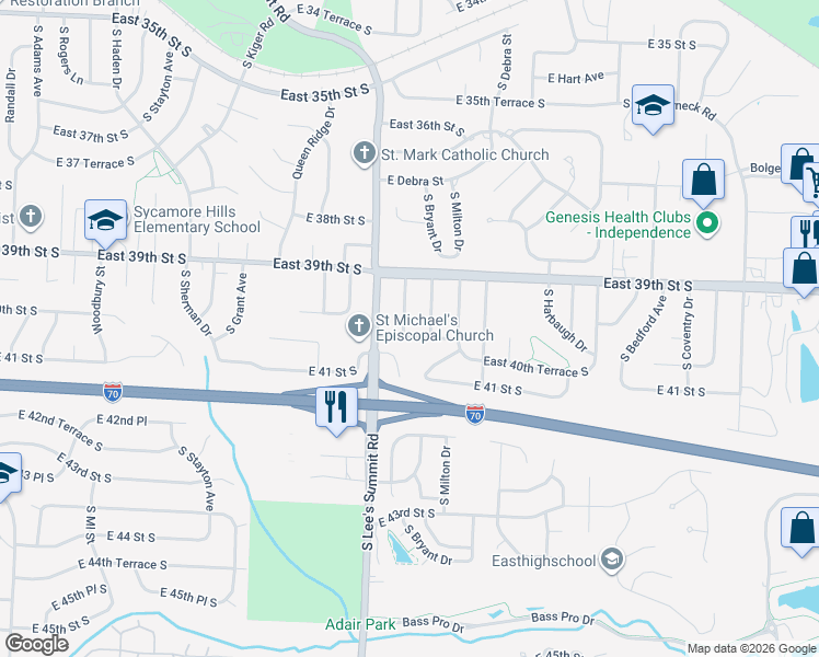 map of restaurants, bars, coffee shops, grocery stores, and more near 4019 South Lee's Summit Road in Independence