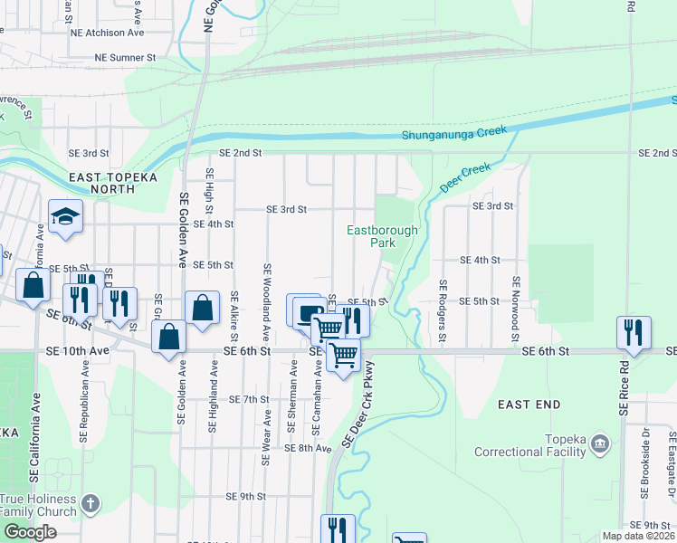 map of restaurants, bars, coffee shops, grocery stores, and more near 416 Southeast Tefft Street in Topeka