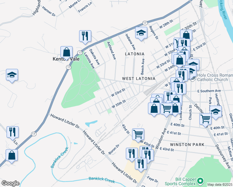 map of restaurants, bars, coffee shops, grocery stores, and more near 3300 Watson Avenue in Covington
