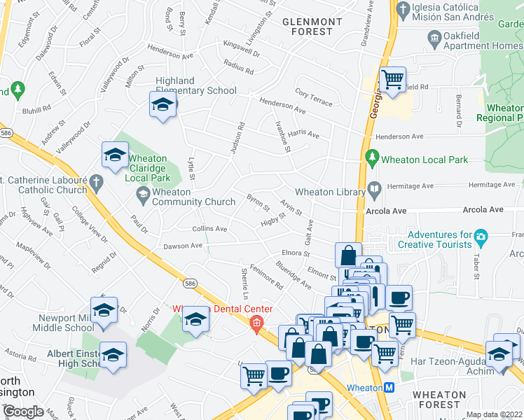 map of restaurants, bars, coffee shops, grocery stores, and more near 2804 Byron Court in Silver Spring