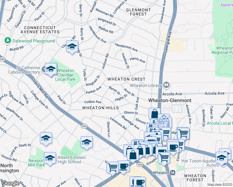 map of restaurants, bars, coffee shops, grocery stores, and more near 2804 Byron Court in Silver Spring