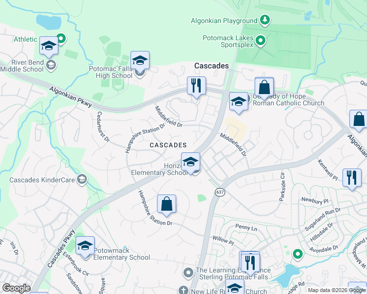 map of restaurants, bars, coffee shops, grocery stores, and more near in Cascades