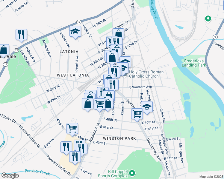 map of restaurants, bars, coffee shops, grocery stores, and more near 12 West 38th Street in Covington