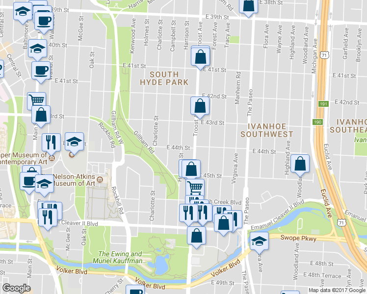 map of restaurants, bars, coffee shops, grocery stores, and more near 4417 Harrison Street in Kansas City