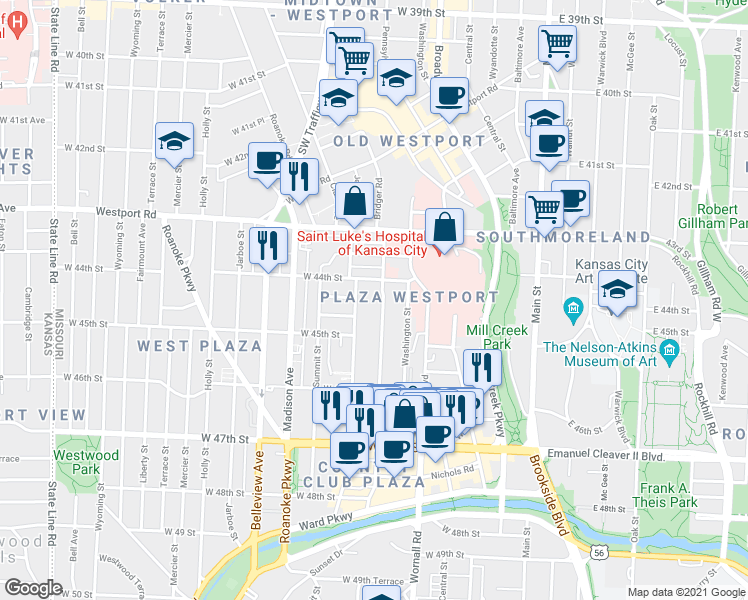 map of restaurants, bars, coffee shops, grocery stores, and more near 4435 Pennsylvania Avenue in Kansas City