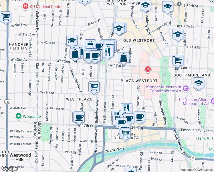 map of restaurants, bars, coffee shops, grocery stores, and more near 4444 Madison Avenue in Kansas City
