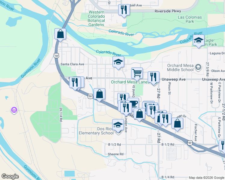 map of restaurants, bars, coffee shops, grocery stores, and more near 1922 Palmer Street in Grand Junction