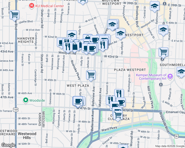 map of restaurants, bars, coffee shops, grocery stores, and more near 4441 Jarboe Street in Kansas City