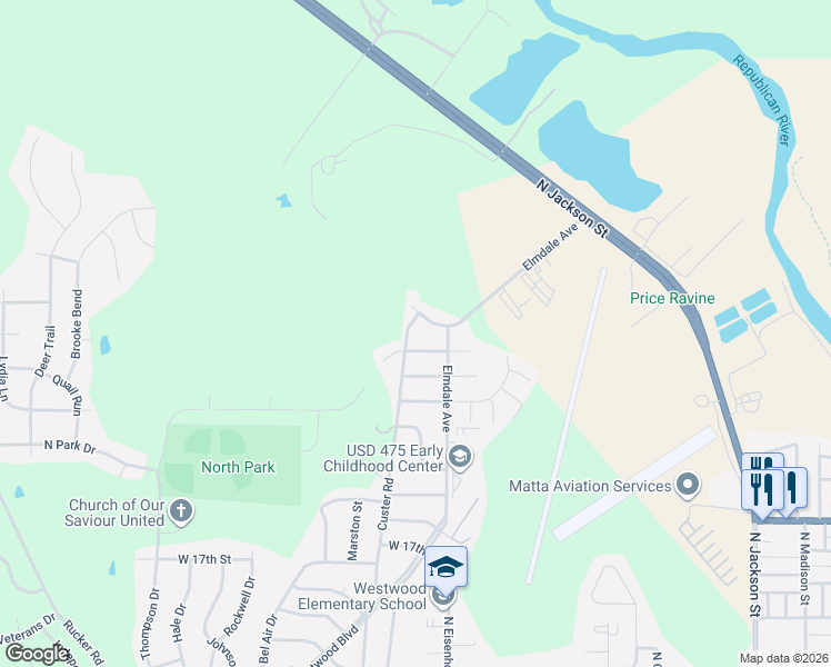 map of restaurants, bars, coffee shops, grocery stores, and more near 1221 Marshall Drive in Junction City