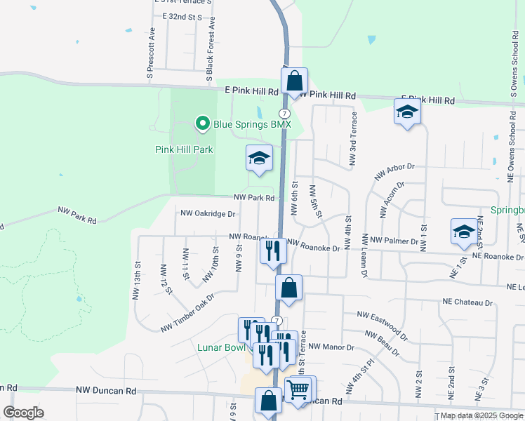 map of restaurants, bars, coffee shops, grocery stores, and more near 2504 Northwest 8th Street in Blue Springs