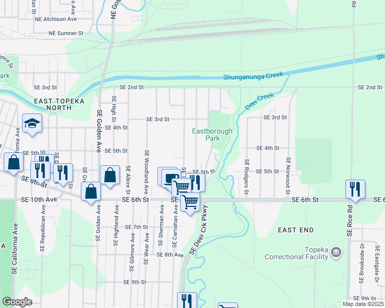 map of restaurants, bars, coffee shops, grocery stores, and more near 415 Southeast Winfield Avenue in Topeka