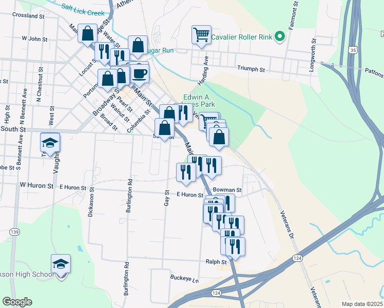 map of restaurants, bars, coffee shops, grocery stores, and more near 530 East Main Street in Jackson