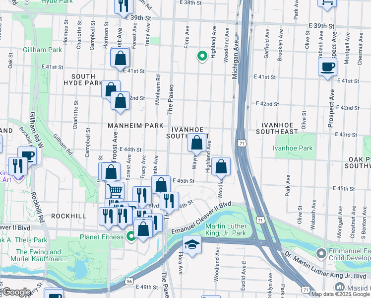 map of restaurants, bars, coffee shops, grocery stores, and more near 4341 Flora Avenue in Kansas City