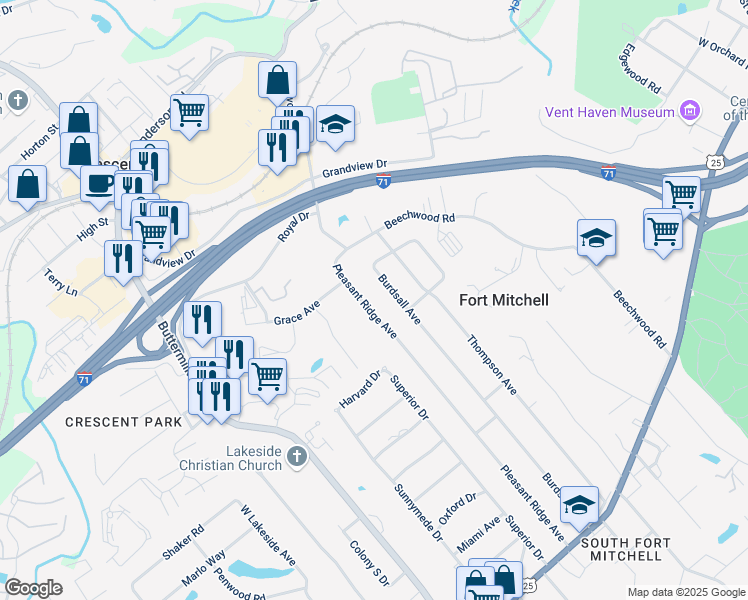 map of restaurants, bars, coffee shops, grocery stores, and more near 135 Pleasant Ridge Avenue in Fort Mitchell