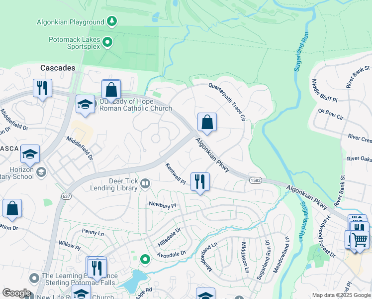 map of restaurants, bars, coffee shops, grocery stores, and more near 20543 Chapin Court in Sterling