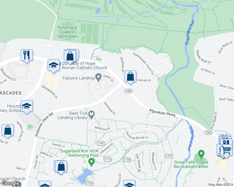 map of restaurants, bars, coffee shops, grocery stores, and more near 20543 Chapin Court in Sterling