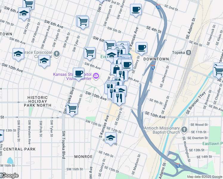 map of restaurants, bars, coffee shops, grocery stores, and more near 905 Southwest Jackson Street in Topeka