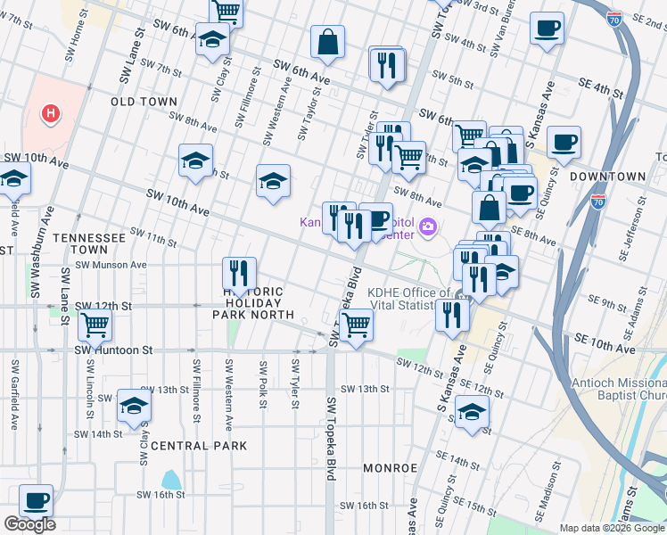 map of restaurants, bars, coffee shops, grocery stores, and more near 508 Southwest 10th Avenue in Topeka