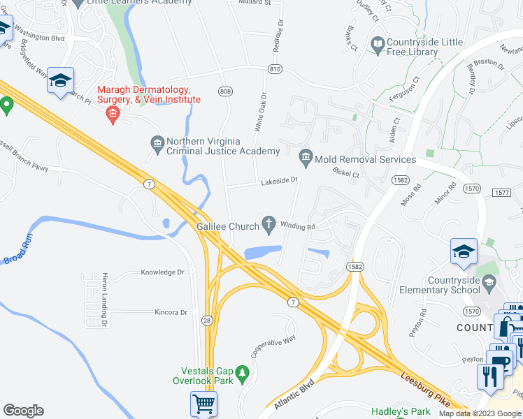 map of restaurants, bars, coffee shops, grocery stores, and more near 45432 Winding Road in Sterling