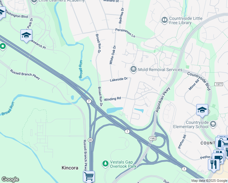 map of restaurants, bars, coffee shops, grocery stores, and more near 45432 Winding Road in Sterling