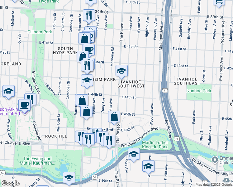 map of restaurants, bars, coffee shops, grocery stores, and more near 4336 The Paseo in Kansas City