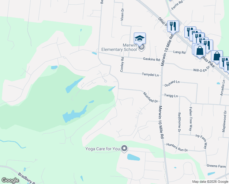 map of restaurants, bars, coffee shops, grocery stores, and more near 110 Saint Andrews Drive in Cincinnati