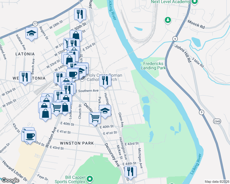 map of restaurants, bars, coffee shops, grocery stores, and more near 3611 Myrtle Avenue in Covington