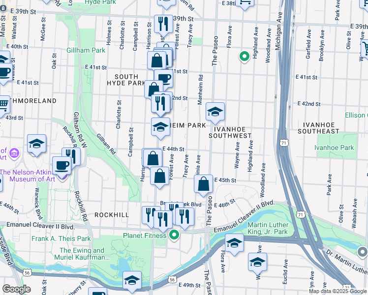 map of restaurants, bars, coffee shops, grocery stores, and more near 4300 Tracy Avenue in Kansas City