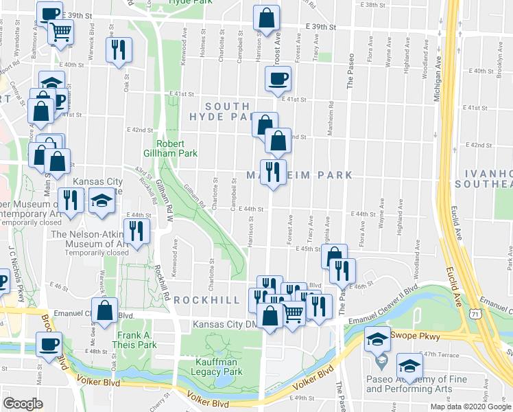 map of restaurants, bars, coffee shops, grocery stores, and more near 4327 Harrison Street in Kansas City