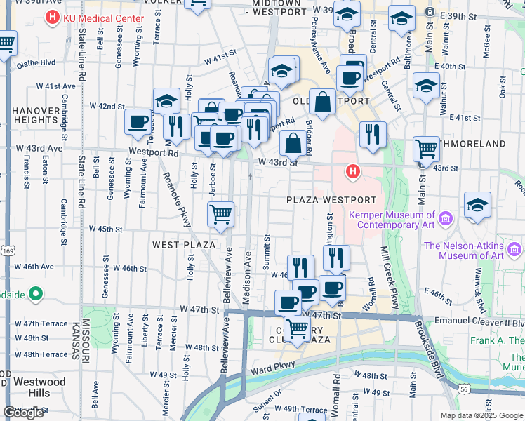map of restaurants, bars, coffee shops, grocery stores, and more near 4400 Summit Street in Kansas City