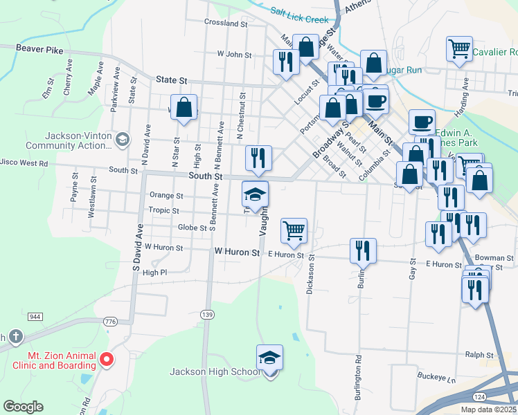 map of restaurants, bars, coffee shops, grocery stores, and more near 32 Vaughn Street in Jackson