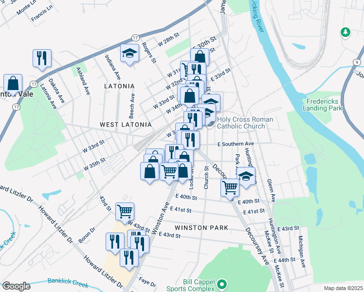 map of restaurants, bars, coffee shops, grocery stores, and more near 12 Inez Street in Covington
