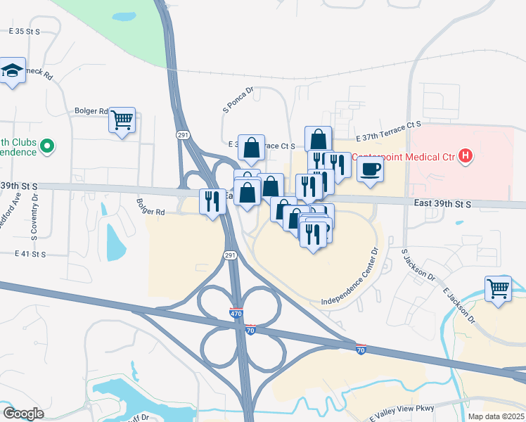 map of restaurants, bars, coffee shops, grocery stores, and more near 18677 E 39th Street South in Independence