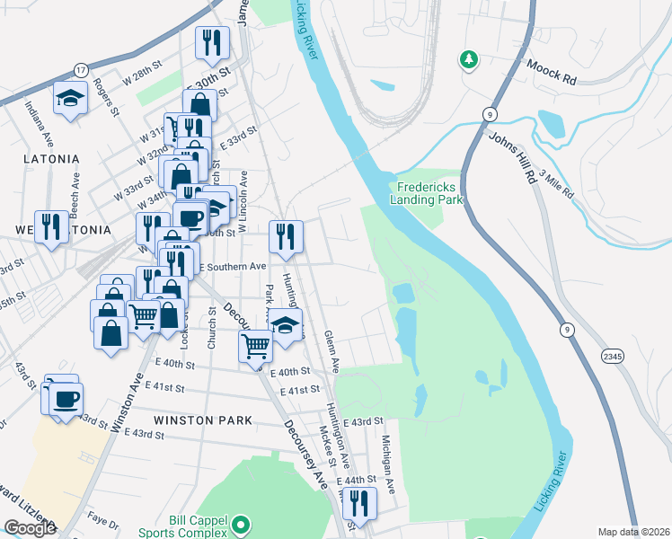 map of restaurants, bars, coffee shops, grocery stores, and more near 3611 Myrtle Avenue in Covington