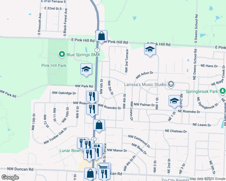 map of restaurants, bars, coffee shops, grocery stores, and more near 2508 Northwest 5th Street in Blue Springs