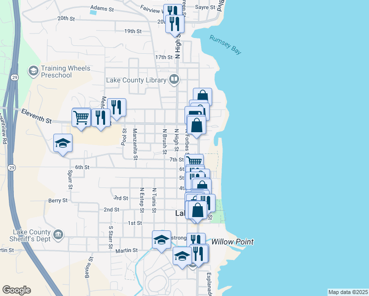 map of restaurants, bars, coffee shops, grocery stores, and more near 916 North Forbes Street in Lakeport