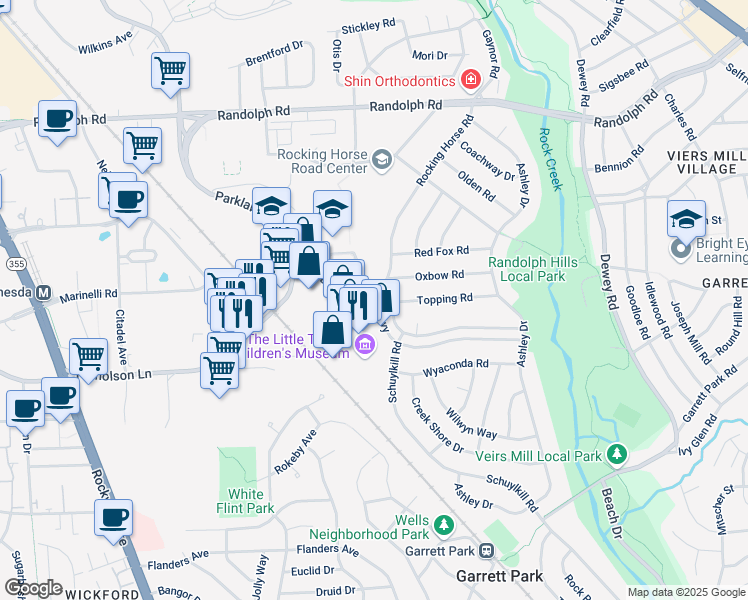 map of restaurants, bars, coffee shops, grocery stores, and more near 4886 Boiling Brook Parkway in Rockville