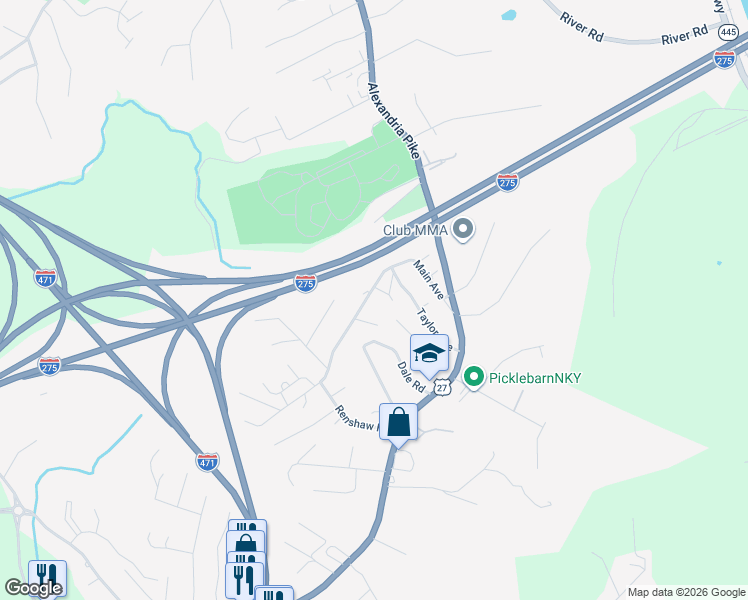 map of restaurants, bars, coffee shops, grocery stores, and more near 125 Main Avenue in Highland Heights