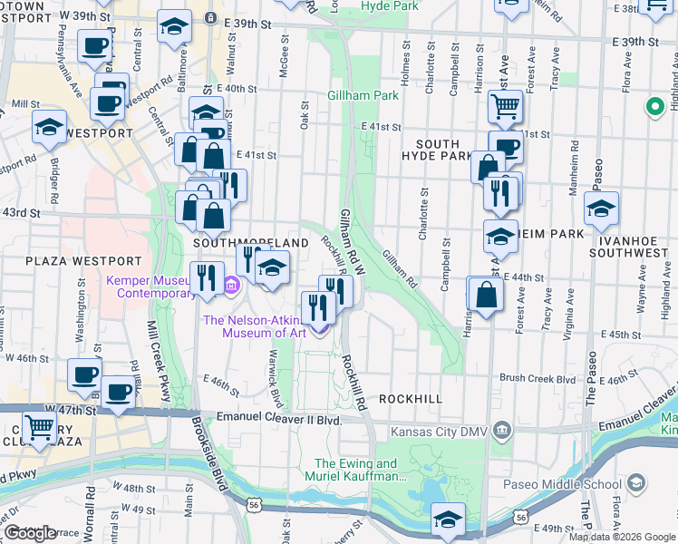 map of restaurants, bars, coffee shops, grocery stores, and more near 4338 Rockhill Road in Kansas City