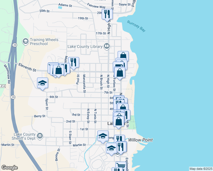 map of restaurants, bars, coffee shops, grocery stores, and more near 330 9th Street in Lakeport