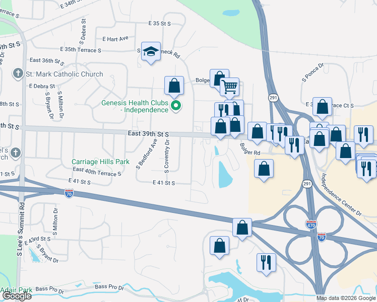 map of restaurants, bars, coffee shops, grocery stores, and more near 3907 South Crackerneck Road in Independence