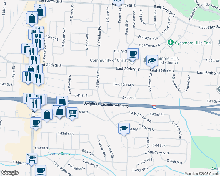 map of restaurants, bars, coffee shops, grocery stores, and more near 14900 East 40th Street South in Independence