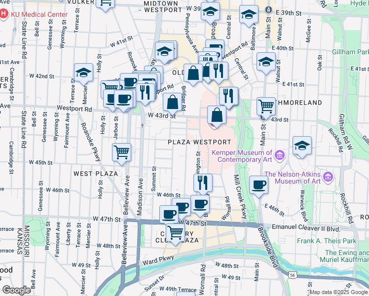 map of restaurants, bars, coffee shops, grocery stores, and more near 510 Northwest 44th Street in Kansas City