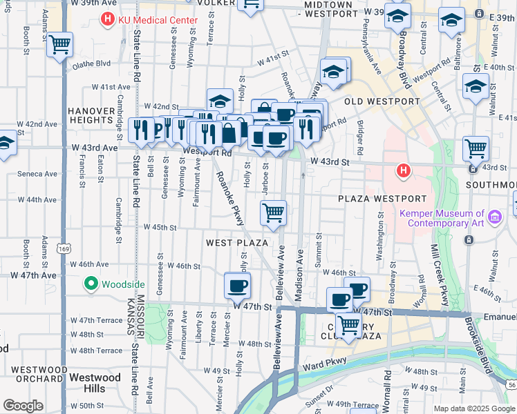 map of restaurants, bars, coffee shops, grocery stores, and more near 4403 Holly Street in Kansas City