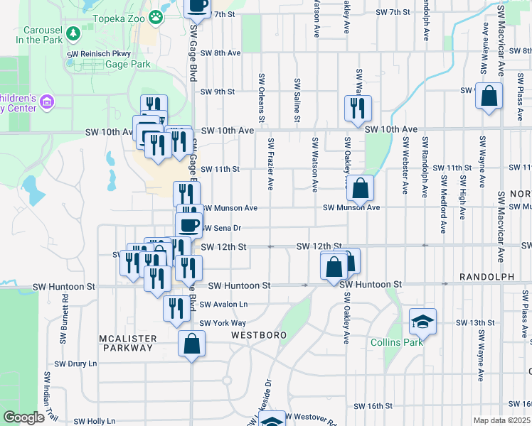 map of restaurants, bars, coffee shops, grocery stores, and more near 1134 Southwest Orleans Street in Topeka
