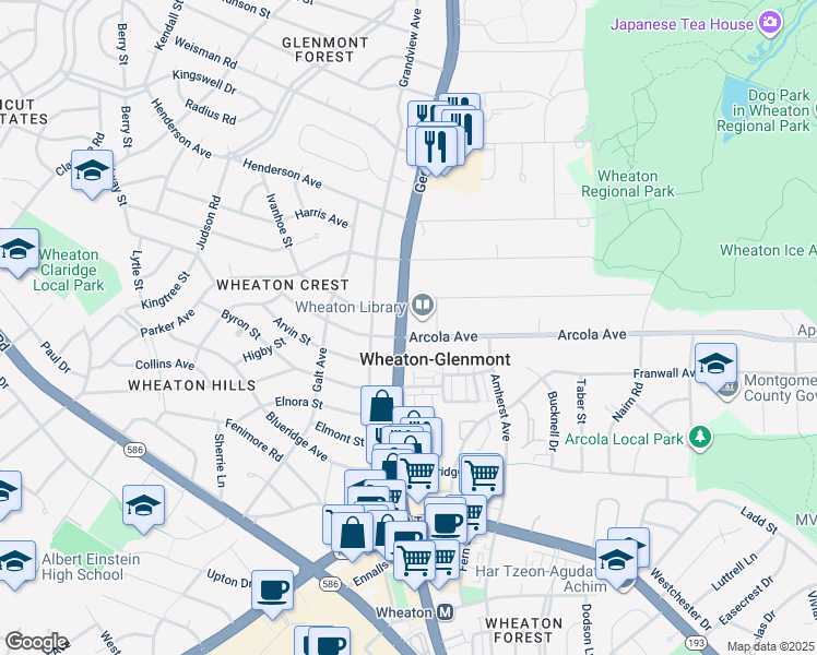 map of restaurants, bars, coffee shops, grocery stores, and more near 11701 Georgia Avenue in Silver Spring