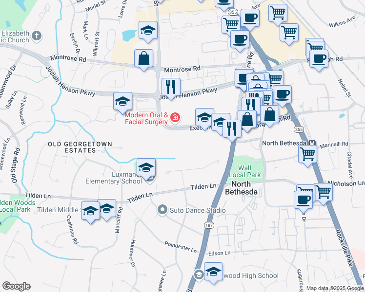 map of restaurants, bars, coffee shops, grocery stores, and more near 6100 Executive Boulevard in Rockville